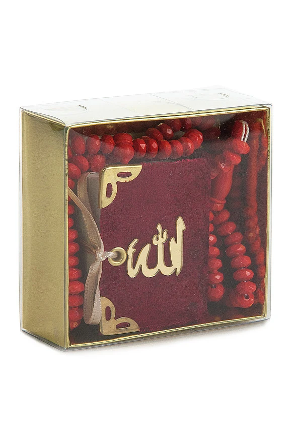 Kadife Kaplı Mini Kuran Kutulu - Tesbihli - Bordo