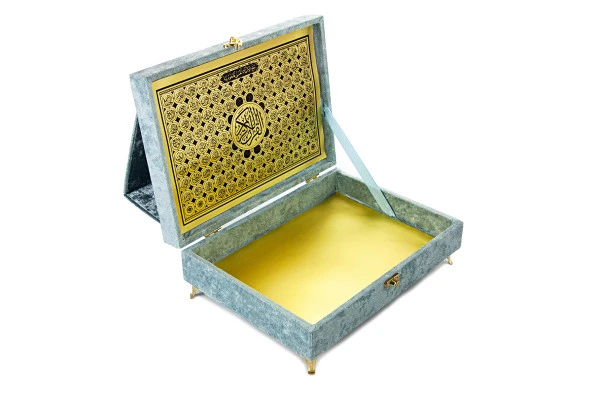 Kadife Kaplı Rahleli Hediyelik Kuranı Kerim Seti - Mavi - Resim 4