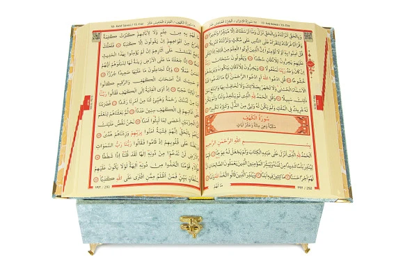 Kadife Kaplı Rahleli Hediyelik Kuranı Kerim Seti - Mavi - Resim 2