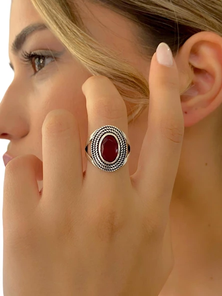 925 Ayar Gümüş Oval Yakut Taş Otantik Üst Kalite Kadın Yüzük - 3