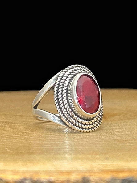 925 Ayar Gümüş Oval Yakut Taş Otantik Üst Kalite Kadın Yüzük - 2