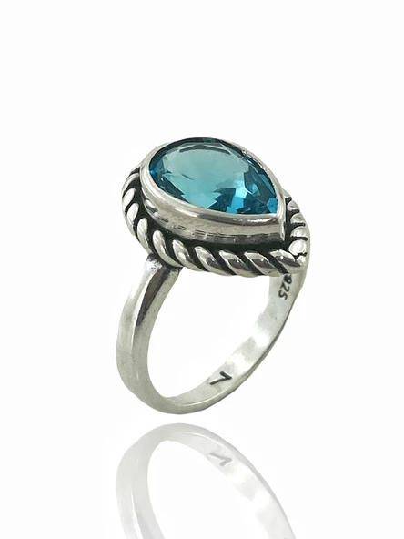 925 Ayar Damla Aquamarine Otantik Üst Kalite Gümüş Yüzük - Resim 2