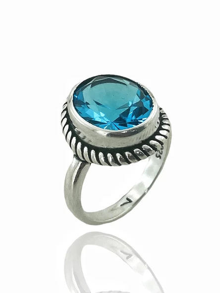 925 Ayar Oval Aquamarine Otantik Üst Kalite Gümüş Yüzük ürün görseli