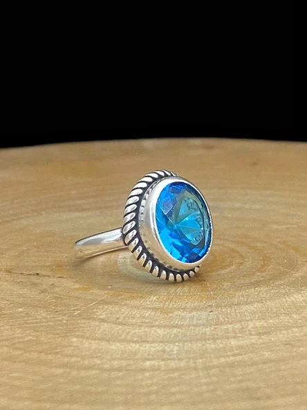 925 Ayar Oval Aquamarine Otantik Üst Kalite Gümüş Yüzük - Resim 2