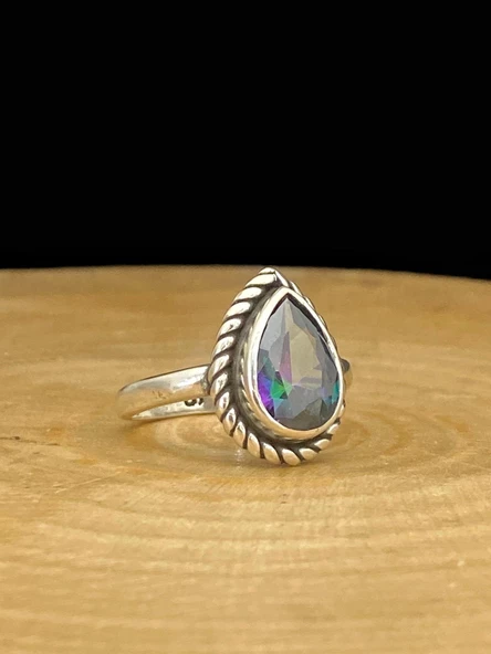 925 Ayar Damla Mistik Topaz Otantik Üst Kalite Gümüş Yüzük - Resim 3