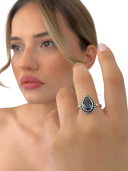 925 Ayar Damla Mistik Topaz Otantik Üst Kalite Gümüş Yüzük ürün görseli