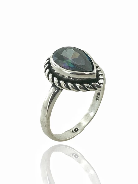 925 Ayar Damla Mistik Topaz Otantik Üst Kalite Gümüş Yüzük - Resim 2