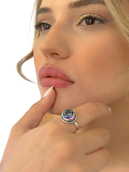 925 Ayar Mistik Topaz Otantik Üst Kalite Gümüş Yüzük - 4