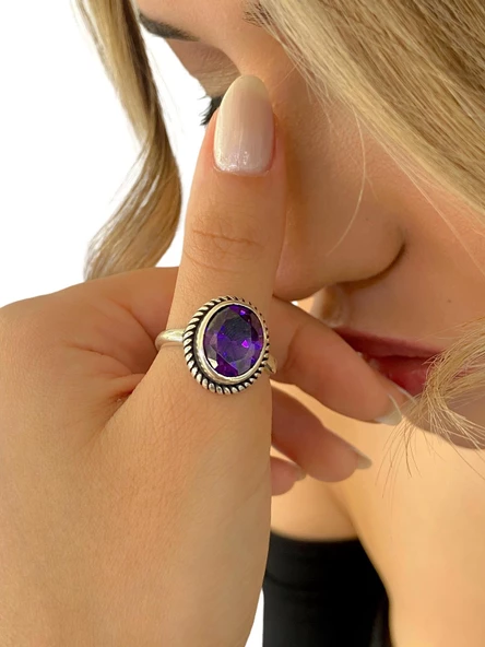 925 Ayar Oval Ametist Taş Otantik Üst Kalite Gümüş Yüzük - 1
