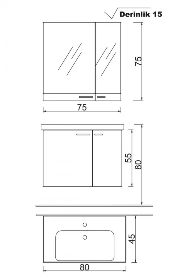 Denko Terra 80 cm MDF Antrasit Gri Banyo Dolabı Takımı - 2