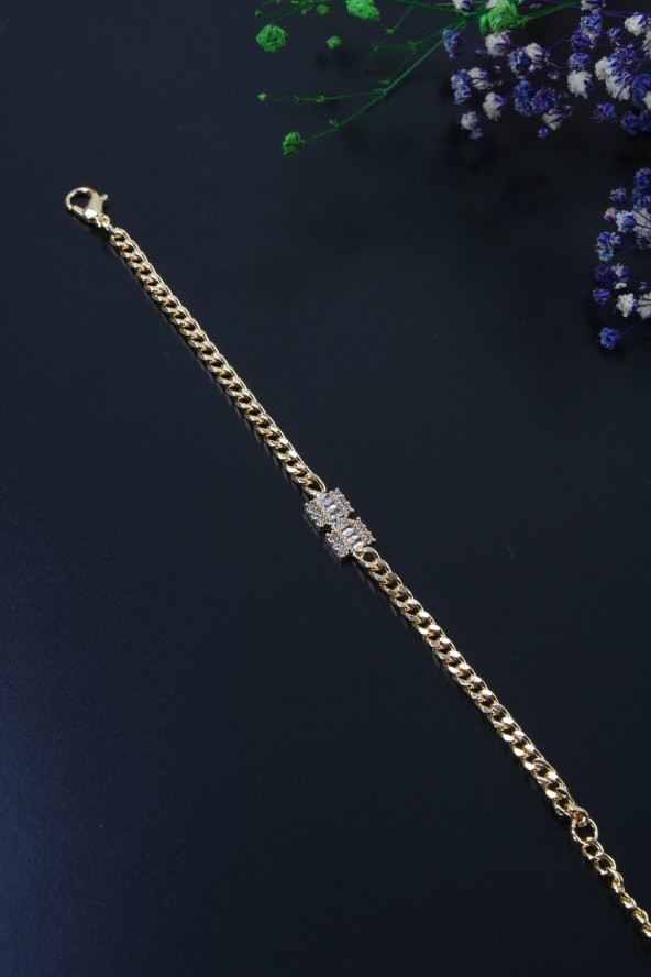 Soobepark Zirkon Taşlı Retro Baget Tasarım Kadın Zincir Bileklik Gold - 2