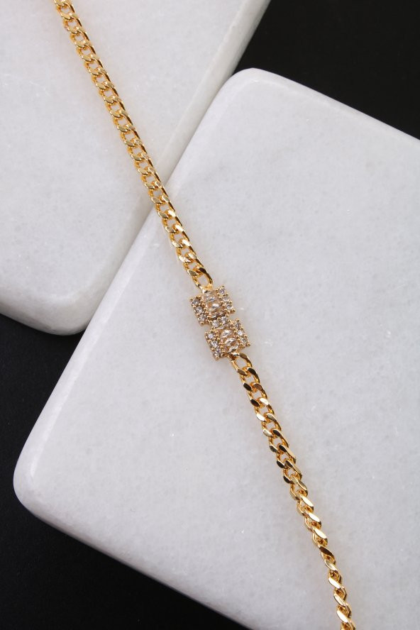 Soobepark Zirkon Taşlı Retro Baget Tasarım Kadın Zincir Bileklik Gold - 3
