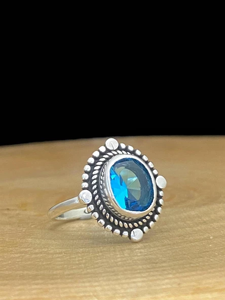 Aquamarine Taş Otantik Üst Kalite 925 Ayar  Gümüş Yüzük - 3