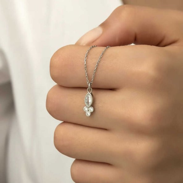 925 Ayar Gümüş Çiğ Damlası Mekik Tektaş Bayan Gümüş Kolye - 5