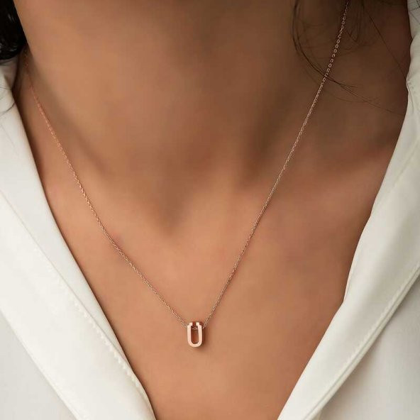 925 Ayar Gümüş Rose 3 Boyutlu Ü Harf Kadın Gümüş Kolye