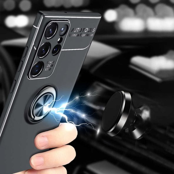 Galaxy S22 Ultra Kılıf Zore Ravel Yüzüklü Magnetic Standlı Silikon Kapak - 6