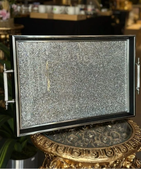 Gümüş Simli Kenarlı kulplu Cam Tepsi