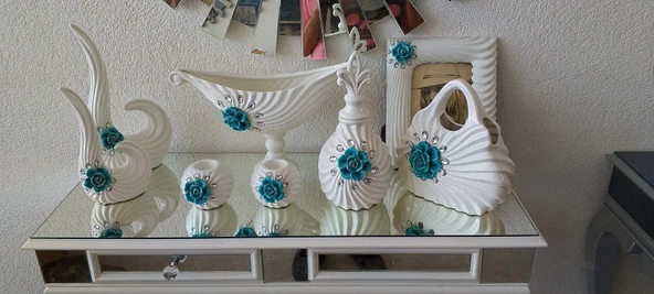 10 Parça Beyaz - Turkuaz Çeyizlik Konsol Seti