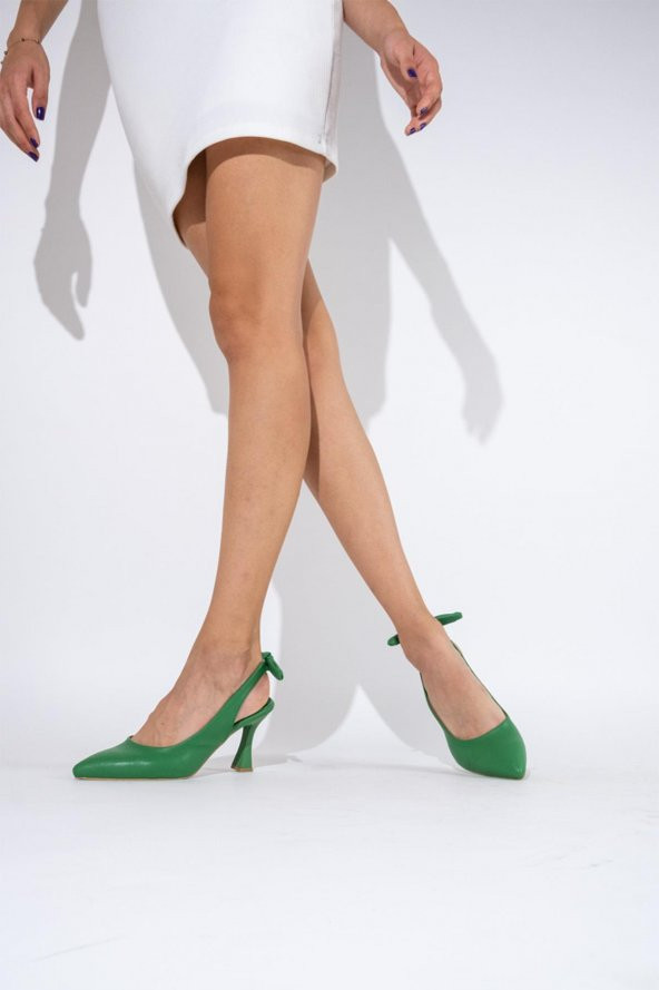 Modabuymus Yeşil Arkadan Fiyonklu Stiletto Topuklu Ayakkabı - Pony