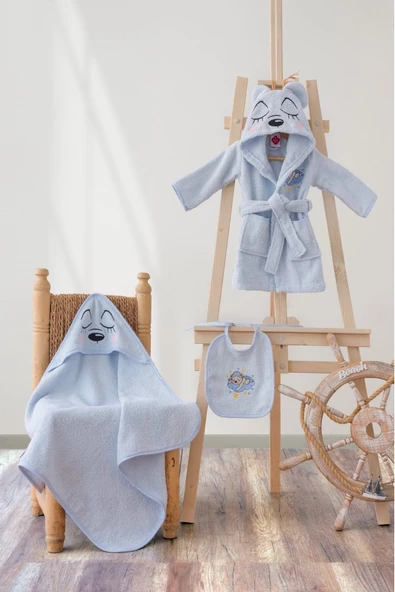 Cotton Box Bebek Banyo Seti (Bornoz+Kundak+Önlük)-Bear Mavi