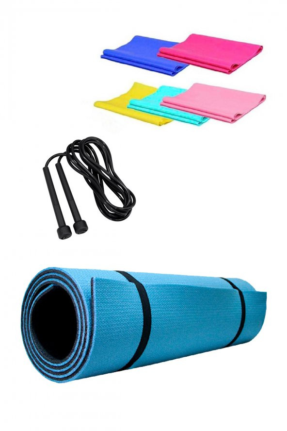 Tayzon 8mm Pilates Kamp Matı Taşıma Askılı + Pvc Atlama Ipi + Bandı Plates Egzersiz Direnç Lastiği