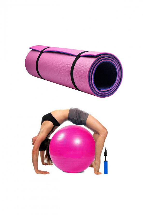 TAYZON Pilates & Yoga Matı 8mm pembe-mor +  PEMBE Pilates Topu 65 cm Pompalı
