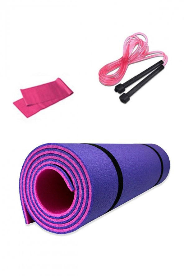 TAYZON Pilates ve Yoga Matı Mor-Pembe ( 8mm ) + Atlama İpi + Direnç Lastiği