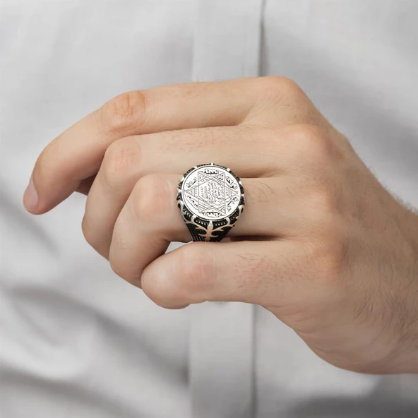 Mührü Süleyman İşleme 925 Gümüş Erkek Yüzük - 3