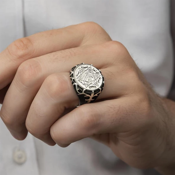 Mührü Süleyman İşleme 925 Gümüş Erkek Yüzük - 5