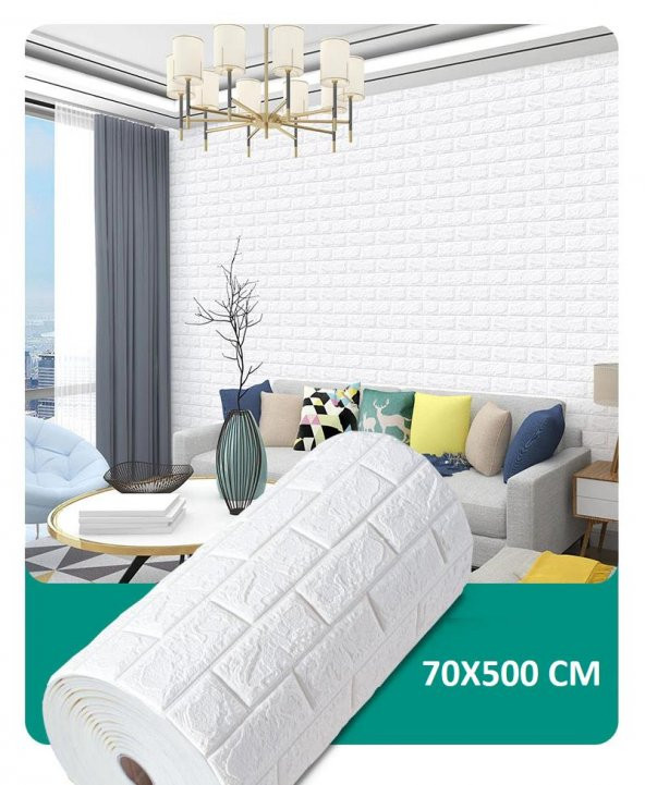 Renkli Duvarlar Kendinden Yapışkanlı Beyaz Tuğla Desen 3D Duvar Kağıdı Paneli Tek Parça 70x500 cm - 4