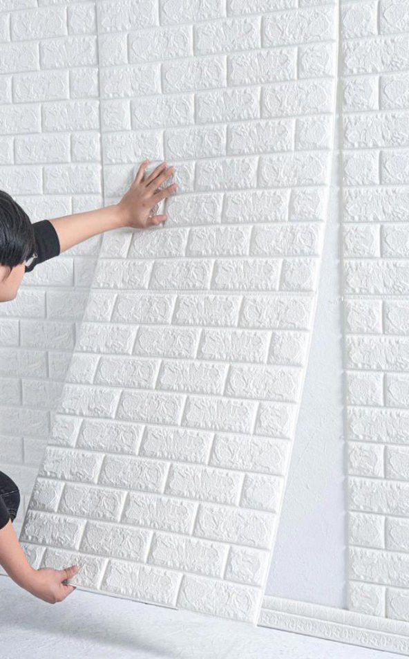 Renkli Duvarlar Kendinden Yapışkanlı Beyaz Tuğla Desen 3D Duvar Kağıdı Paneli Tek Parça 70x500 cm - 5