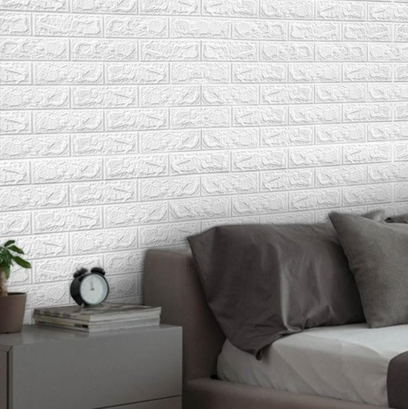 Renkli Duvarlar Kendinden Yapışkanlı Beyaz Tuğla Desen 3D Duvar Kağıdı Paneli Tek Parça 70x500 cm - 8