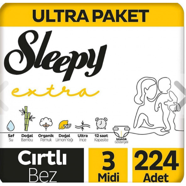 Sleepy Extra Günlük Aktivite Ultra Paket 3 Numara Midi 224'lü Bebek Bezi