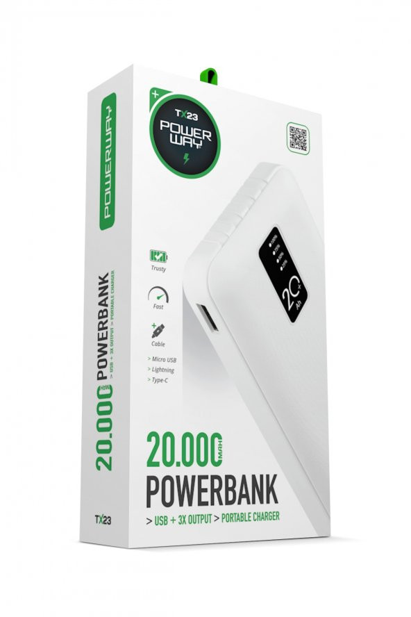 Powerway Tx23 20.000 mah dijital göstergeli kablolu Powerbank