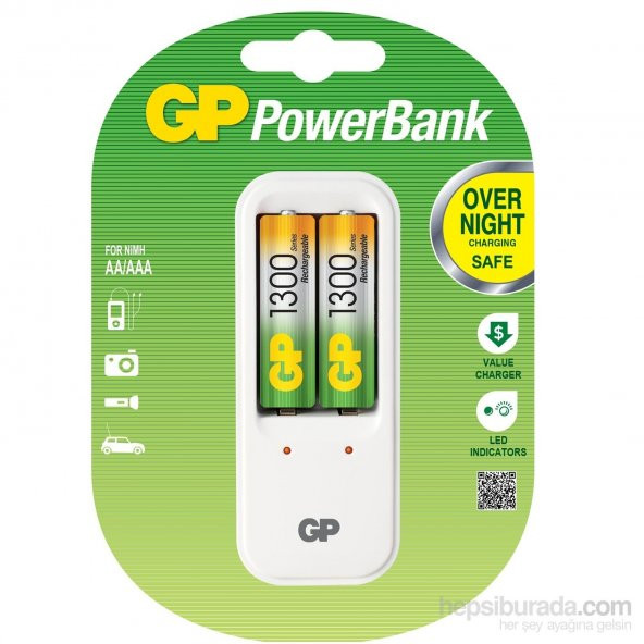 GP Powerbank PB410 Pil Şarj Cihazı 2 Adet 1300 Şarjlı Pil Hediyeli
