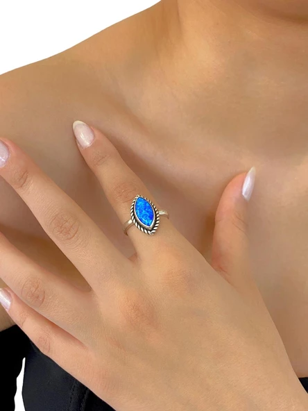 925 Ayar Gümüş El Üretim Otantik Doğal Opal Mekik Taş Yüzük