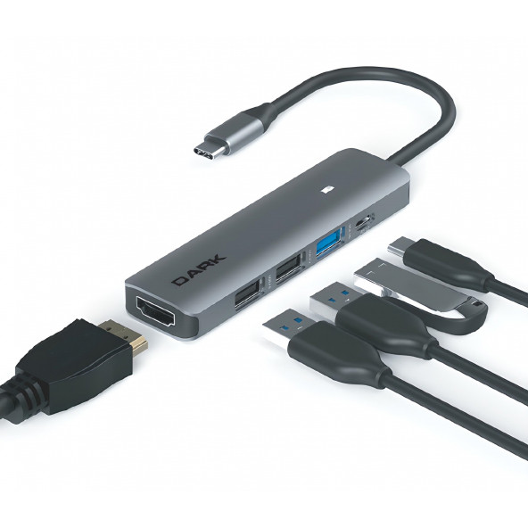 Dark USB 3.1 Gen1 Type-C 5 in 1 HDMI / USB 3.0 - USB 2.0 / TF SD Kart Okuyucu / USB-C & USB-C PD Dönüştürücü Çevirici HUB (DK-AC-U31X41)