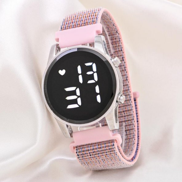 Pembe Renk Çelik Dijital Cırtlı Kanvas Kordon Led Kadın Kol Saati ST-304177 - 5