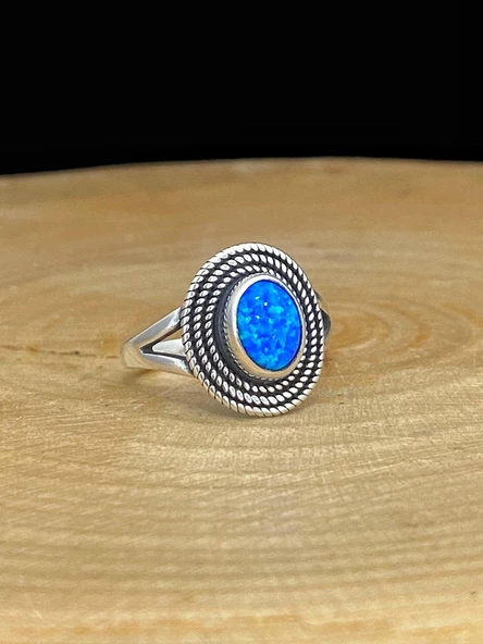 925 Ayar Gümüş El Üretim Otantik Doğal Oval Opal Taş Yüzük - 3