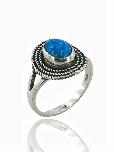 925 Ayar Gümüş El Üretim Otantik Doğal Oval Opal Taş Yüzük - 2