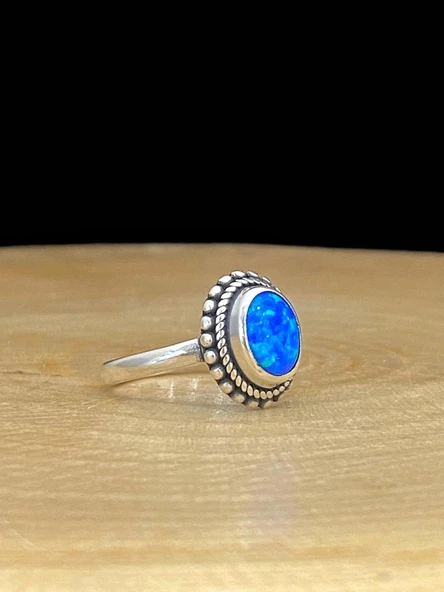 925 Ayar Gümüş El Üretim Otantik Doğal Minik Oval Opal Taş Yüzük - Resim 3