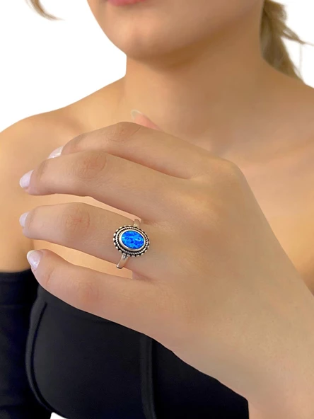 925 Ayar Gümüş El Üretim Otantik Doğal Minik Oval Opal Taş Yüzük - Resim 2