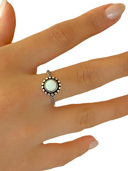 925 Gümüş El Üretimi Otantik Minimal Doğal Beyaz Opal Taş Yüzük - 2