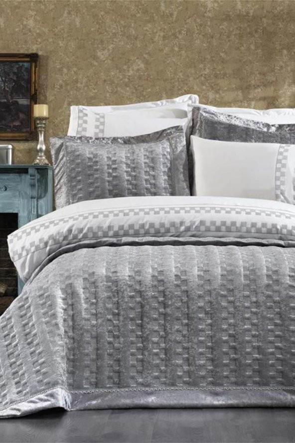 Dolce Lüx Nakışlı Çeyiz Paketi 9 Parça Gri - Resim 2