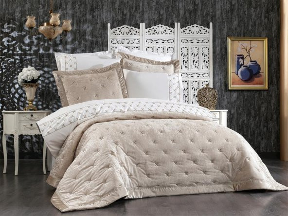 Estina Lüx Nakışlı Çeyiz Paketi 9 Parça Cappucino - 1