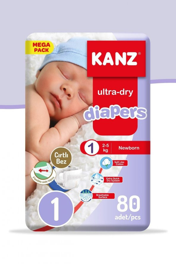 Kanz Unisex Bebek Bezi 1 Numara Yenidoğan 80 Adet