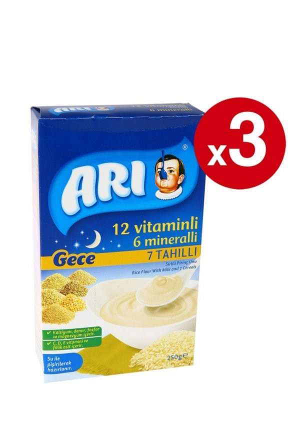 Arı Mama Arı 12 Vitaminlı 6 Mineralli Gece 7 Tahıllı Pirinç Unu Bebek Maması 500 Gr 3 Lü