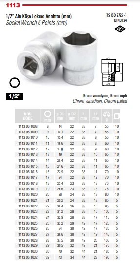 İZELTAŞ 13 MM 1/2 ALTI KÖŞELİ LOKMA ANAHTAR 1113 06 1013