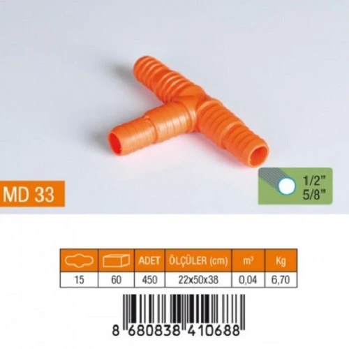 1/2"-5/8" T HORTUM EKİ PLASTİK TURUNCU MD33