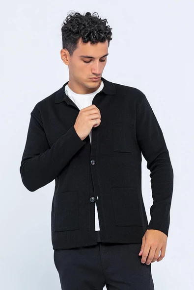 Erkek Klasik Yaka Çok Cepli Düğmeli Triko Rahat Spor Hırka - 4